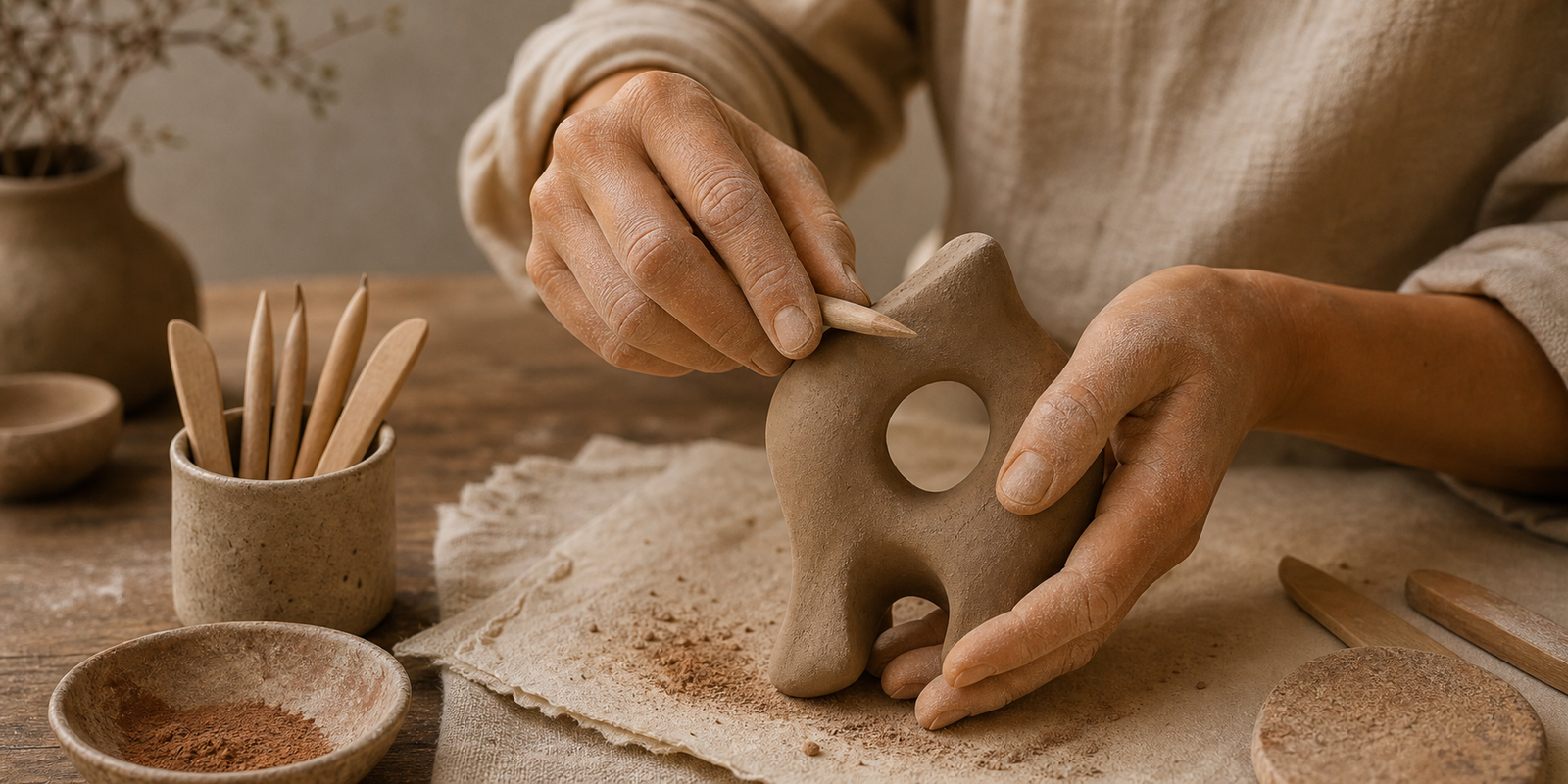 Acabamento manual em escultura cerâmica com ferramenta delicada