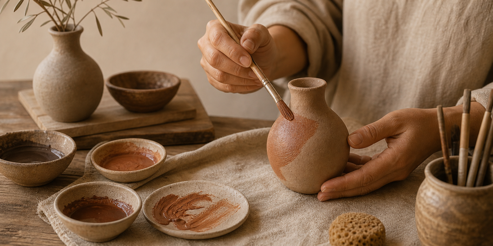 Pincel aplicando pigmento terroso em vaso cerâmico artesanal